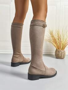 Botas altas hasta la rodilla de mujer con puntera redonda elástica, nuevo estilo minimalista de otoño, decoración simple con hebilla, estilizante y alargador, botas de tela versátiles y cómodas