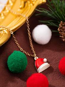 3pcs/Set Fashionable Christmas Santa Hat Pendant Necklace Earrings Set, Suitable For Christmas Decoration And Daily Wear, Christmas Gift For Family And Friends