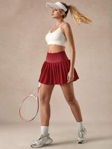 NcmRyu 1 Stück Damen Mode Elastische Taille Lässig Vielseitig Plissee Hohe Taille Halbschlüpfer Sicherheits-Shorts mit Taschen, Tennis Rock für Training & Sport