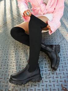 Botas de suela gruesa para mujer 2025 Otoño Invierno Botas altas para mujer de punto transpirables Botas elásticas de punta redonda Talla grande 43