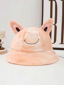 1pc Women's Tie-Dye Fluffy Rainbow Smiling Face Cute Bucket Hat, Korean Style 3D Ear Design Sweet Plush Cap, Warm Thermal Lining Casual Hat For Autumn/Winter