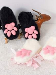 1/2 Par Meias de Coral Fleece com Laço em Formato de Pata de Gato 3D para Mulheres, Chinelos Confortáveis, Adequados para Uso Doméstico no Outono/Inverno, Meias para Dormir