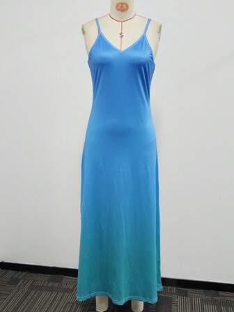 时尚休闲假日风格轻盈优雅修身 V 领度假/户外/居家/工作夏季连衣裙，渐变色印花，女款