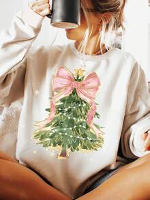 女士休闲长袖圆领毛衣，带圣诞树蝴蝶结印花百搭套头衫，秋季服装，冬季服装，圣诞服饰 - 卡其色 - 查看 1