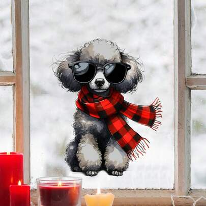 1 pieza Pegatina de ventana con sombrero de Navidad, perrito y bufanda, creativa DIY, autoadhesiva, extraíble, de PVC para decorar y embellecer ventanas y cristales, decoración estacional, tema navideño, material de PVC, calcomanía autoadhesiva, para compradores navideños, entusiastas de manualidades
