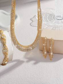 1 套闪亮金色水钻项链和耳环首饰套装，适合赠送女性朋友，时尚派对礼服配饰