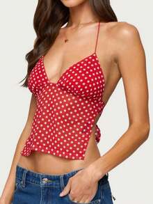 Women Y2K Cami Tank Top Polka Dot Sleeveless V Neck Halter Crop Top Spaghetti Strap Camisole Top Summer Coquette Open Back Tie Up Cami Top Going Out Tops - Đỏ - Xem 2