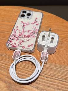 4-In-1 Set (1pc Shockproof Phone Case + 1pc UK Plug Charger Wave Pattern Protector + 2pcs Data Cable Wave Pattern Protectors) UV Painted Pink Plum Blossom Pattern Suitable For UK Standard Apple 17/17Pro/17ProMax/Air/16/16Pro/16ProMax/16Plus/7/8/7P/8P/X/XS/XR/XSMax/11/11Pro/11ProMax/12/12Pro/12ProMax/13/13Pro/13ProMax/14/14Pro/14Plus/14ProMax/15/15Pro/15Plus/15ProMax - Multicolor - View 4