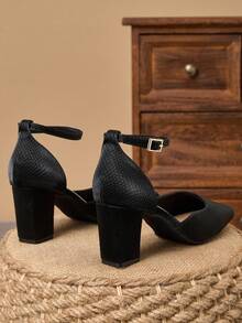 WHDXY 1 Pair Women's Square Toe Basic Solid Buckle Closure High Heel Pumps, Sexy 7CM Chunky Heel Office Lady Dress Shoes - màu đen - Xem 6