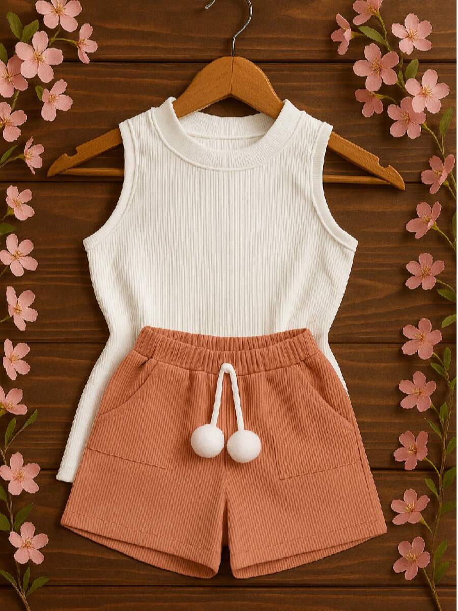 Children's And Youth Set Basic Tank Top + Ribbed Shorts With Pompom Super Stylish 2-Piece Kit For Girls And Teenagers Spring Summer CJI039 - Rosado y blanco - Ver 1