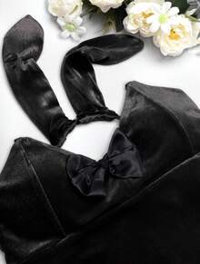 Body de cosplay de conejito navideño sexy con detalles de cordones cruzados sin espalda y mangas en los brazos, diseño de tirantes finos sin mangas - Negro - Ver 5