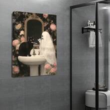 1PC Black Cat Is Sitting On A White Sink, Right In Front Of It12X16inch And 16x24inch Framed , Classic Wooden Frame, Suitable For Living Room, Bedroom, Bathroom And Other Decorations, Perfect Gifts For Christmas, Halloween And Thanksgiving