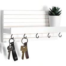Decorative Key Holder Wall With Shelf, Entryway Shelf With Hooks Holds Leashes, Jackets And Glasses U2013 Sturdy Wood Keyholder Entrance Hanger With Mounting Hardware Black - 白色 - 查看 2