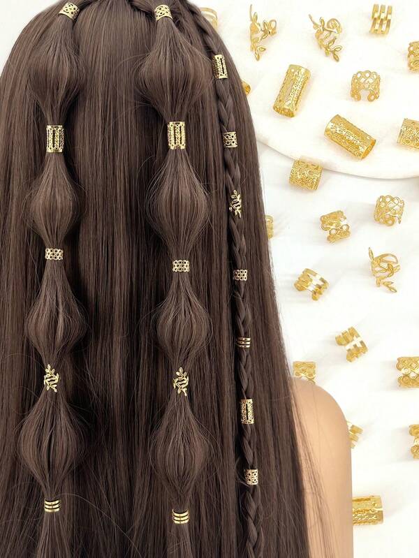 40PCS Vintage Boho Style Alloy Hair Rings Set - Hollow Out Round Hair Accessories For Women And Girls, Elegant Solid Color Hair Jewelry For Braids And DIY Hair Design
