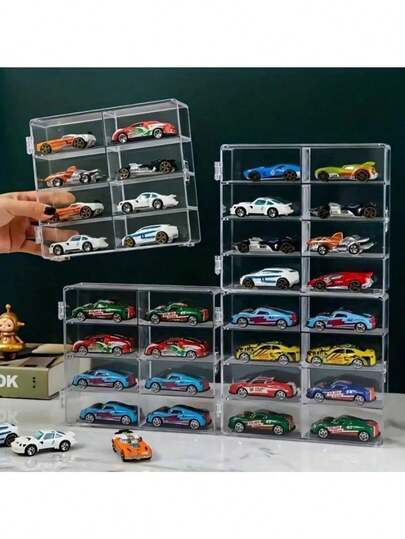 1 pieza Soporte de exhibición transparente para coche de juguete - Caja organizadora y estante de almacenamiento de acrílico para coches a escala, vehículos en miniatura coleccionables y modelos de automóviles - Gabinete apilable transparente con múltiples compartimentos para exhibición, decoración del hogar y exhibición de colecciones - Vitrina de acrílico resistente que protege los modelos del polvo y los arañazos
