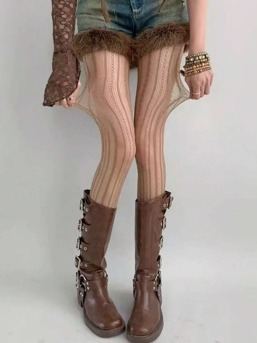 复古菱形竖条纹连裤袜，性感渔网袜