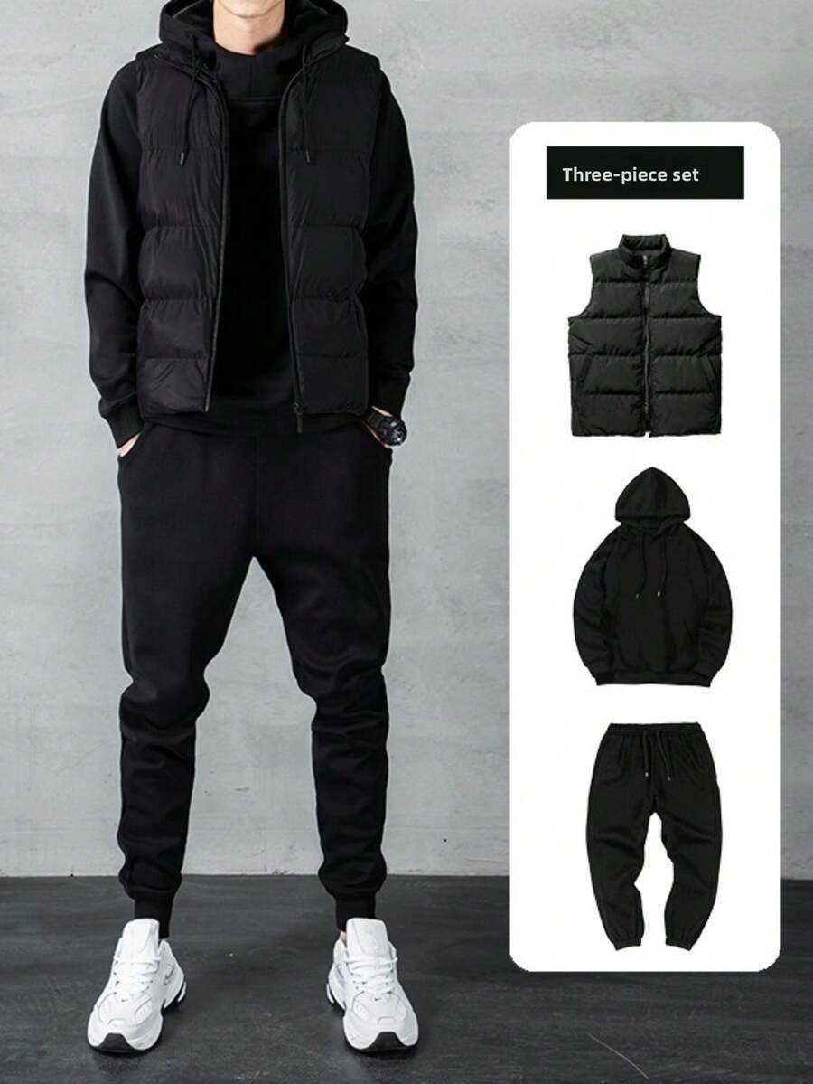 Men Hoodie Set Winter Thickened Fleece Lined Hooded Sweatshirt Vest Three Piece Outfit Big Size Co Ords - 黑色 - 查看 1