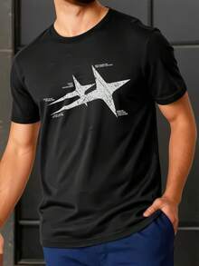 Camiseta de manga corta de cuello redondo con estampado de sueño de unicolor para hombre, uso casual de todos los días, primavera/verano - Negro - Ver 2