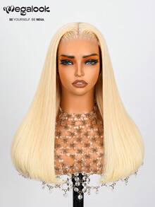 MEGALOOK 沙龙级奢华#613金色6x5蕾丝假发，200%密度双层拉直顺滑发，预剪隐形蕾丝假发，预缝自然发际线，金色假发，无胶透明蕾丝闭合假发，长款波波头假发，真人发丝，适合夏季、派对、运动、Y2K时尚、万圣节、节日及各种场合。 - S613 - 查看 4