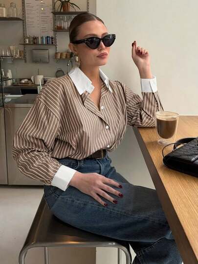 Doriss 大码宽松条纹撞色休闲衬衫，款式端庄，适合婚礼季、情人节、秋冬季、宫廷风格、新年春季穿着。