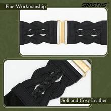 Vintage Stretchy Wide Elastic Belt With Gold Buckle For Women - 黑色(格子) - 查看 3