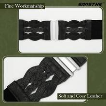 Vintage Stretchy Wide Elastic Belt With Gold Buckle For Women - 黑色(銀色扣) - 查看 5