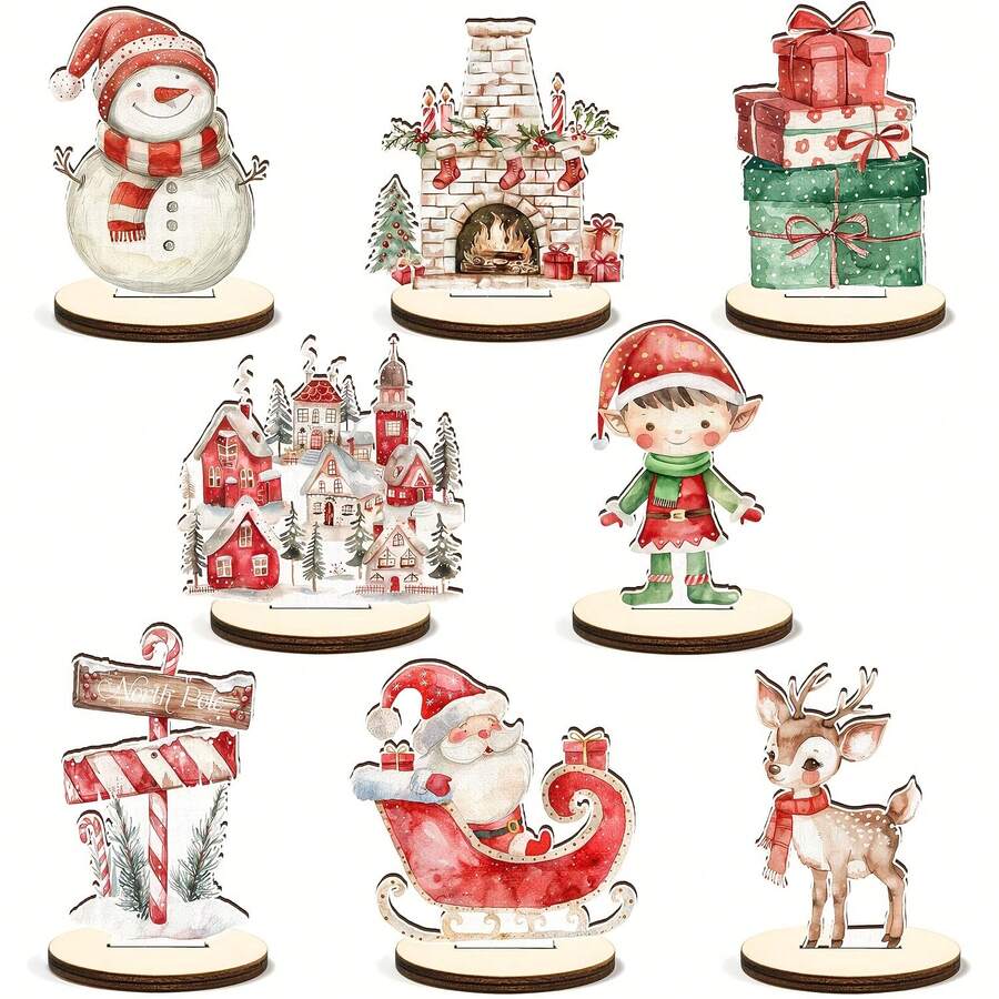 8 pièces Décorations de centre de table de bureau en bois classique pour Noël, style campagnard, bonhomme de neige, cerf, Père Noël, décoration de bureau, accessoires photo, fournitures de fête