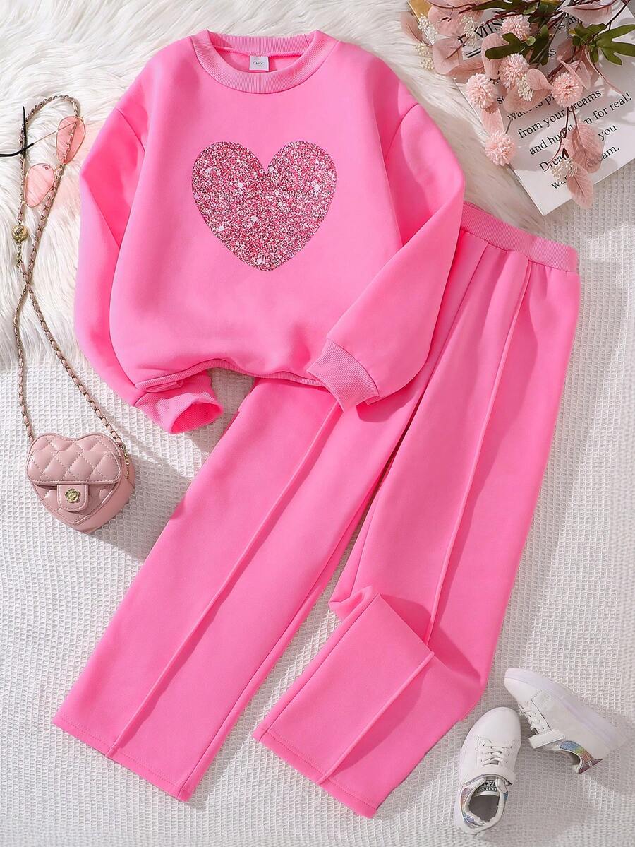 Left Mama 2pcs/Set Girls Floral Print Thermal Lined Long Sleeve Top And Straight Pants Set, Autumn/Winter - Hot Pink - View 1