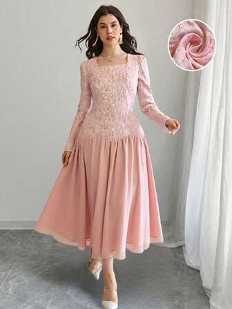 Solid Color Elegant Textured Chiffon Dress, Graceful Long Sleeve Flowing Dress