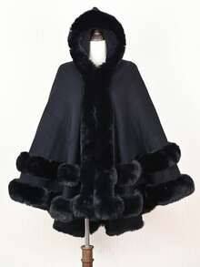 1pc Solid Color Double Layer Faux Fur Hooded Shawl