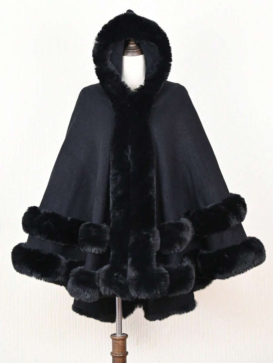 1pc Solid Color Double Layer Faux Fur Hooded Shawl