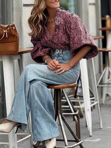 Women's All-Over Printed Puff Sleeve Casual Top Shirt,Loose Shirt