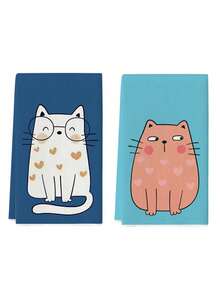 2 件装厨房毛巾猫咪趣味图案农舍洗碗巾厨房洗碗手茶巾厨房擦干洗碗巾适用于厨房餐厅餐桌 - 藍色 - 查看 7