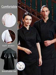 Uniforme clásico de verano de manga corta para chef, diseño de malla transpirable en la espalda, durable y cómodo, unisex, diseño clásico de doble botonadura, elegante y de moda, uniforme de chef clásico y popular, adecuado para catering, panadería, cocina de hotel, restaurante, cafetería, chaqueta de chef personalizada de alta gama, uniforme de chef para mujer, de manga corta y ligero - Negro - Ver 1