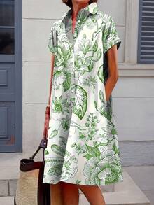 Váy sơ mi cài nút có túi dành cho nữ, họa tiết hoa, dáng chữ H thanh lịch, thoải mái, phù hợp mặc hàng ngày, ngoài trời và đi nghỉ - màu xanh lá - Xem 1