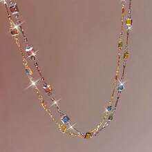 Hypoallergenic Personalized Colorful Shiny Multi - Colored Square Rhinestone Necklace, Daily Matching Party Jewelry For Autumn & Winter, Valentine's Day Gift For Girlfriend, Claim My Daily Gift, Local Warehouse, - 金色+銀色 - 查看 10