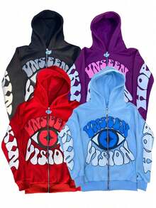Men's Sky Blue Zipper Cardigan Hoodie UNSEEN VISION Eye Pattern Autumn Hip-Hop Fashion Jacket For Women Halloween Gifts - Màu xanh bụi bặm - Xem 5