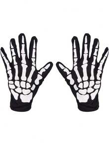 1Paris Halloween Skeleton Gloves, Black White Bone Print Full Finger Gloves, Spooky Cosplay Party Costume Accessories For Adults Kids