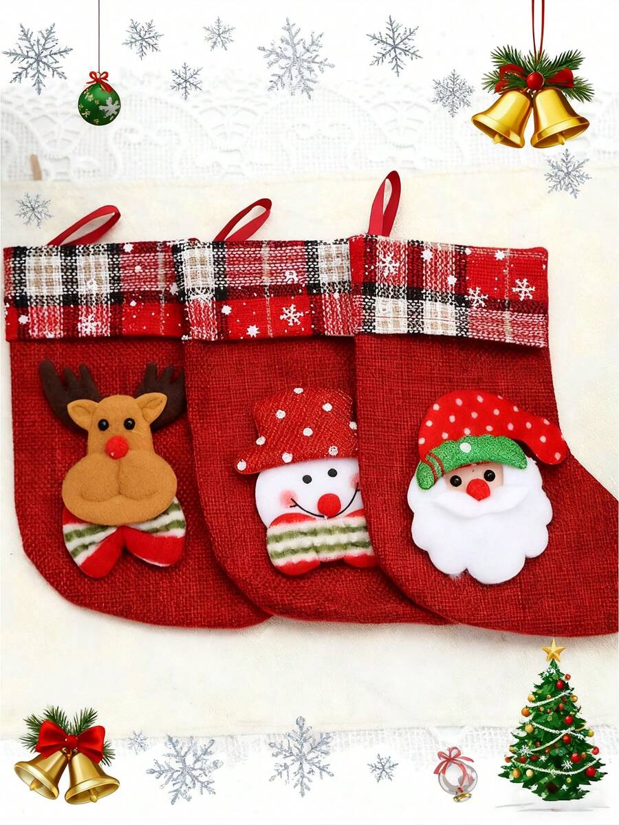 3 pièces Chaussettes de Noël, Emballage cadeau de Noël, Fournitures pour fête de Noël et du Nouvel An, pour couronne de Noël, guirlande et décoration de maison et jardin, décoration de sapin de Noël, Renne, Père Noël, Bonhomme de neige, Petites chaussettes cadeaux couleur or clair (Rouge) - Rouge - Voir 1