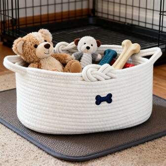 Inwagui 1pc Minimalist Woven Storage Basket Cat Dog Pet Toys Basket Artistic Decor Basket With Knot Handles For Desktop And Cosmetic Organization, Sundries, Stationery, Bathroom Organization Bin