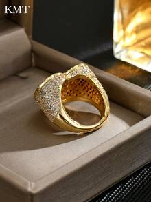 1pc Women's Adjustable Copper Ring With Micro-Inlaid Cubic Zirconia Luxury Heart Design, Suitable For Parties, Banquets And Daily Wear