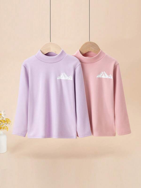 مجموعة من قطعتين من البيجامات المطبوعة بطبعة جبلية للفتيات الصغيرات، بيجامات ناعمة مريحة من الفليس السميك، بلوزة بياقة عالية بأكمام طويلة، بدلة ملابس داخلية دافئة للخريف والشتاء