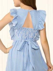 Baby Blue Inverted Stripe Dress For Girls With Ruffle Sleeves And Round Skirt For Everyday Party Wedding - 藍色 - 查看 6