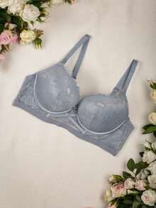 Bra With Delicate Lace And Push Up Effect - Blue - View 1