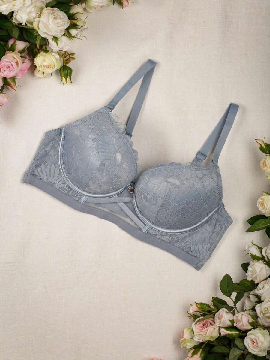Bra With Delicate Lace And Push Up Effect - Blue - View 1
