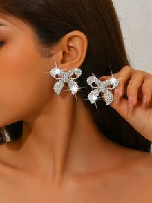 1 Paio di Eleganti Orecchini a Nappina con Fiocco Brillante, Orecchini a Perno con Cristalli Scintillanti, Accessori di Gioielleria alla Moda per Donne