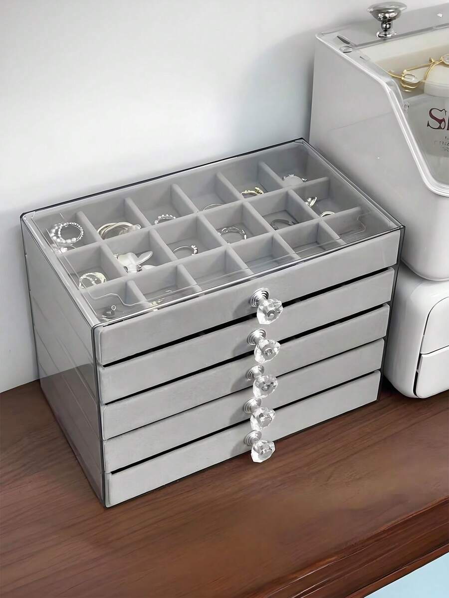 1 cái, 7 ngăn 5 lớp Hộp đựng trang sức nhung kiểu ngăn kéo Hộp đựng trang sức Hộp đựng nhẫn Hộp đựng hoa tai Hộp đựng trang sức kiểu ngăn kéo, Hộp đựng trang sức bằng nhựa trong suốt và nhung 3 lớp