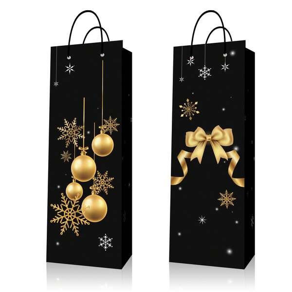 6 pièces/set Sacs cadeaux pour vin imprimés noir et or pour Noël, ruban, boules de Noël, boîtes cadeaux pour bouteilles de champagne/vin avec motif flocon de neige, 33*10*10cm, fournitures de fête de Noël, dîner en famille
