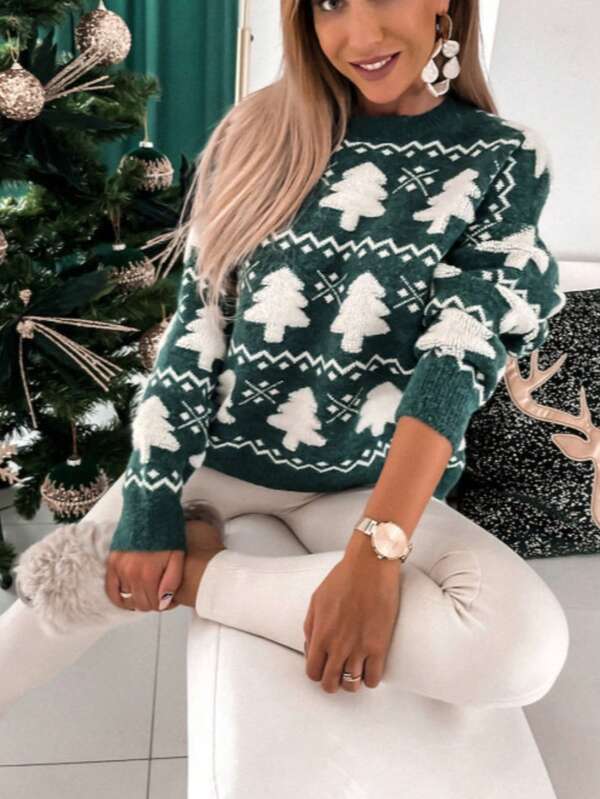 Damen Pullover mit Rundhalsausschnitt, Kontrast-Weihnachtsbaum-Stickerei in Frottee-Optik