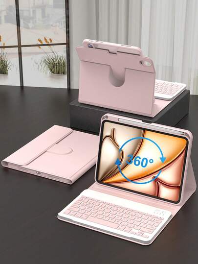 Rotating Protective Keyboard Case Compatible With Ipad, Compatible With IPad 10th Gen, PU Leather Material, Fits IPad 10.2", 9th/8th/7th Gen, Air 3/10.5", Pro 11" (2018/2020/2021/2022), With Acrylic Backplate And Pencil Slot, Suitable For IPad (A16) 11" 11th Gen (2025), Supports 3 Angle Adjustments, Compatible With IPad Air 4/5/11" (M2) 2024/(M3) 2025, Built-In 150mAh Battery - Pink